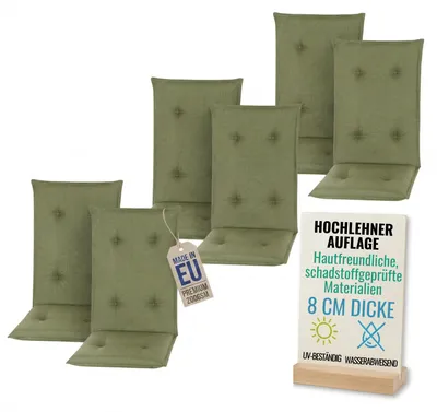Produktbild von Pillows24 - 6x Hochlehner Auflagen 120x50x8 cm | Gesteppte Wetterfeste Gartenstuhlauflagen | Polster Sitzkissen für  Gartenmöbel |   EU | Grün