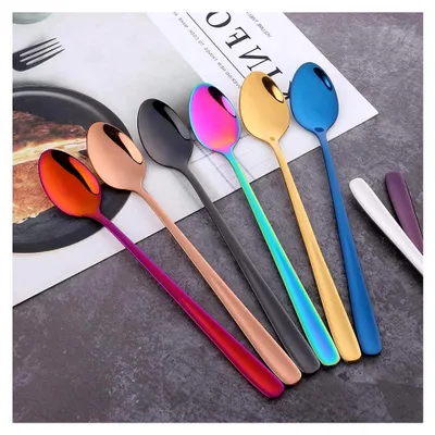 Produktbild von Buntes Latte Macchiato Löffel Set 6-teilig, 20 cm - Lange Löffel für Eislöffel & Cocktails aus 304 Edelstahl, handpoliert mit PVD-Lack