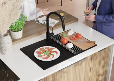 Produktbild von PRIMAGRAN Spülbecken Alles Schwarz 78x50cm, Granitspüle 1 Becken + Ablauf-Set + Schneidebrett, Küchenspüle ab 45er Unterschrank - Kopenhagen