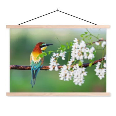 Produktbild von MuchoWow® Textilposter Vogel - Bienenfresser - Blumen 120x80 cm mit holzfarbenen Rahmen - Aufhängeset