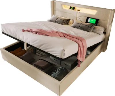 Produktbild von MODFU Boxspringbett Hydraulisches 160 x 200 cm mit LED-Beleuchtung, Polsterbett Funktionelles mit USB-Ladeanschluss, Doppelbett Stauraumbett mit Bettkasten Stauraum, Leinenmaterial Beige(Ohne Matratze)