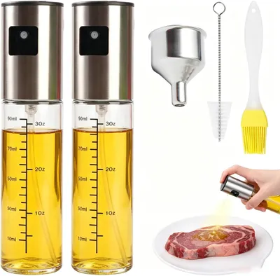 Produktbild von Öl Sprühflasche - 2 Stück à 100 ml mit Silikonpinsel Reinigungsbürste und Trichter - für Speiseöl Airfryer Backen und Grillen - Glas Transparent