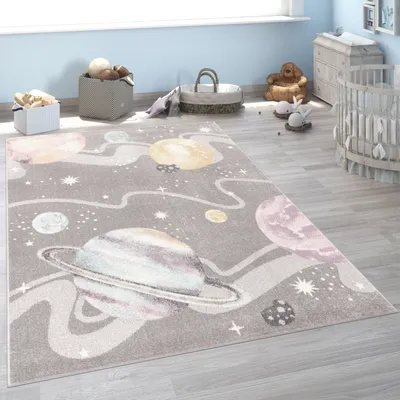 Produktbild von Kinderteppich Teppich Kinderzimmer Junge Mädchen Weltraum Planeten Sterne Grau Grösse 200x280 cm