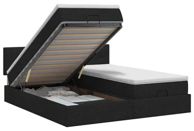 Image de Lit ottoman avec matelas, avec repose-tête, 2 pièces, tissu noir