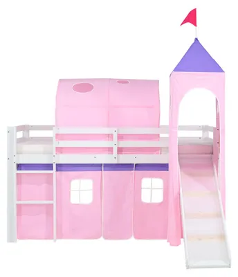 Produktbild von Homestyle4u Hochbett 90x200 mit Rausfallschutz Kinder mit Rutsche Leiter Turm Tunnel Vorhang Rosa Massivholz Weiß