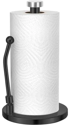 Immagine prodotto di Portarotolo da cucina con meccanismo a molla, autoportante, in acciaio inossidabile, base pesata, finitura opaca nera, dimensioni 17x17x34 cm