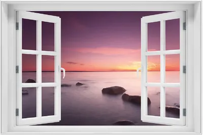 Produktbild von Wallario Wandbild mit Fenster-Illusion: Nebel am See bei Sonnenuntergang, Größe: 61 x 91,5 cm, Poster mit weißem Aluminiumrahmen