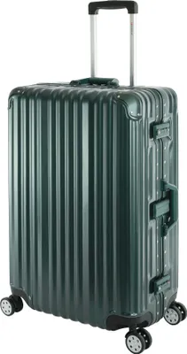 A green hard-shell suitcase with four wheels and a retractable handle.