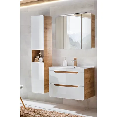 Produktbild von Badmöbel Set mit Keramikwaschtisch in Hochglanz weiß mit Wotan Eiche Nb. LUTON-56 mit LED-Spiegelschrank, B/H/T ca. 130/200/46 cm