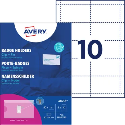 Produktbild von Avery Zweckform 4820, Namensschilder, 54 x 90  mm, 190 g/m², 50 Schilder / 50 Einsteckschilder / 5 Bögen