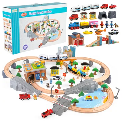 Image de Malplay, train électrique en bois, 95 pièces : train, rails, pont, ville, police, à partir de 3 ans, idéal pour un cadeau