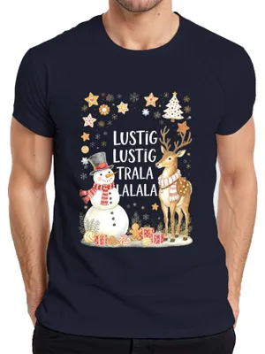 Zdjęcie produktu dla Koszulka męska Funny Trala Lalala Christmas Snowman Reindeer Retro, granatowy, 3XL