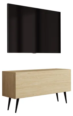 Immagine prodotto di Mobile TV con gambe inclinate, colore nero, struttura in legno di quercia oliato, dimensioni 100 x 32 x 52 cm