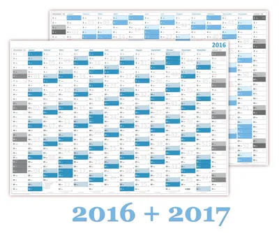 Two wall calendars are shown, one slightly behind the other, with text below indicating the years covered.