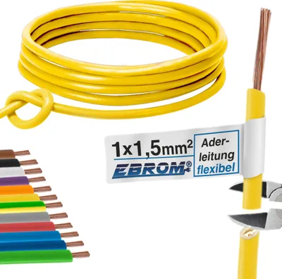 Produktbild von Aderleitung Verdrahtungsleitung - Einzelader flexibel 1,5 mm2 - PVC Leitung - H07V-K 1,5 mm² - Farbe: gelb - viele Längen in 5 Meter-Schritten lieferbar, Ihre Länge: nach Auswahl