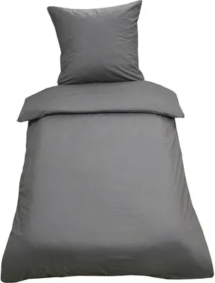 A gray duvet cover and pillowcase set laid out on a white background.