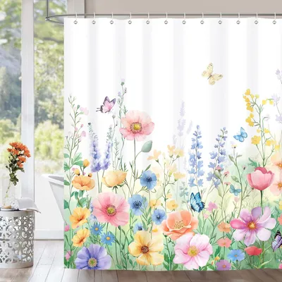 Produktbild von Duschvorhang mit Frühlingsschmetterlingsmotiv, 180 x 180 cm, waschbares Polyestergewebe, wasserdicht, mit 12 Haken