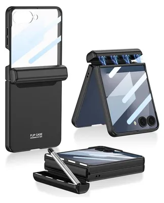 A collage of a black flip phone case with a transparent cover and a stylus.