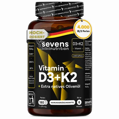 Produktbild von Vitamin D3 K2 4000 IE + MK7 - Hochdosiert mit 200 µg Vitamin K2 - Mit Nativem Olivenöl für Optimale Aufnahme - 180 Kapseln