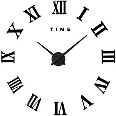 A large, modern DIY wall clock with Roman numerals and clock hands, set against a white background.