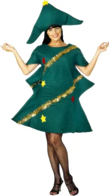 A woman wearing a Christmas tree costume.