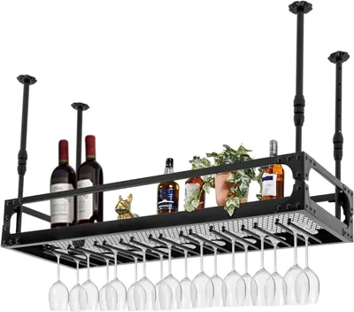 Immagine prodotto di Portabottiglie da soffitto in stile vintage - Portabottiglie sospeso - Con portac bicchieri - Con ripiano - Per bar, cucina e casa - Nero