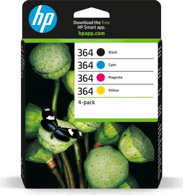 A box of HP 364 ink cartridges with a picture of lotus seed pods and a butterfly.