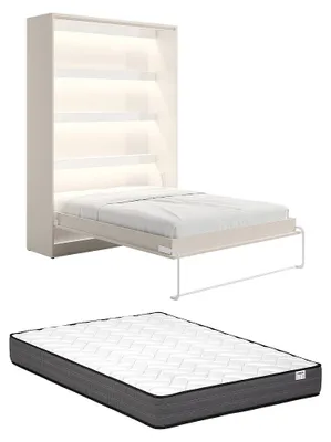 Produktbild von Versteckbett 140 x 200 cm - Manuelle vertikale Öffnung - Mit LED-Beleuchtung - Beige + Matratze - RAPILI