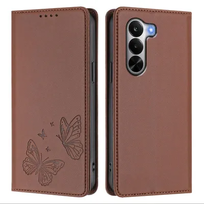 Produktbild von Lederhülle für Realme P4x, Schmetterling Prägung Leder Brieftasche Schutzhülle mit Ständer Braun