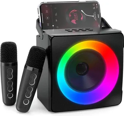 Image de Machine à karaoké portable noire avec microphones sans fil et effets lumineux