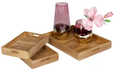Produktbild von Tablett-Set aus Teakholz 3tlg Serviertablett Dekotablett Frühstückstablett Küche