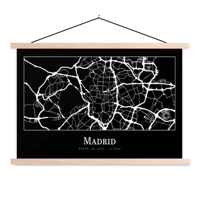 Produktbild von MuchoWow® Textilposter Madrid - Karte - Stadtplan 120x80 cm mit holzfarbenen Rahmen - Aufhängeset