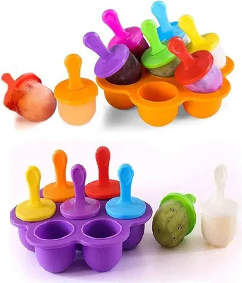 Produktbild von Unyqoos® Silikon-Eisförmchen 2er-Set – Mini-Popsicle-Formen, lebensmittelecht, je 7 bunte Stiele, gefrier- & ofenfest, Orange & Lila