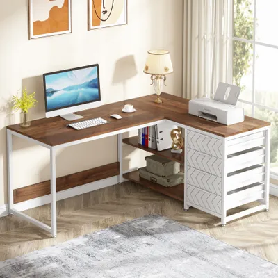 Zdjęcie produktu dla Biurko komputerowe Tribesigns w kształcie litery L, biurko narożne 150 cm z półkami, odwracalne biurko w kształcie litery L do gabinetu, orzech włoski