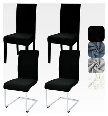Produktbild von Stuhlhussen 4er Set Universal Stretch Kurzflor Elastisch Abnehmbar Streifen Waschbar für Küche Esszimmer Hotel Bankett (Schwarz, 4 Stück)