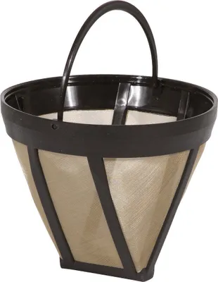 A reusable coffee filter basket with a handle.