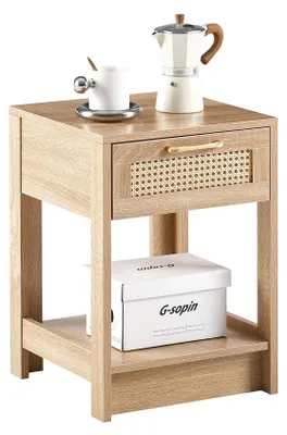 Produktbild von Rattan Beistelltisch mit Schublade Nachttisch Weiß Wohnzimmer Schlafzimmer Modern 55x40x40