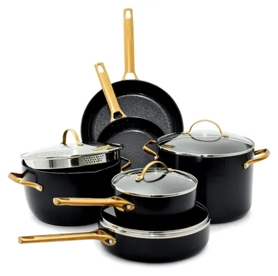 Produktbild von Gesundes Kochgeschirr-Set mit harteloxierter Keramik-Antihaftbeschichtung, 10-teilig, Töpfe und Pfannen, goldfarbener Griff, PFAS-frei, spülmaschinenfest, ofenfest, schwarz
