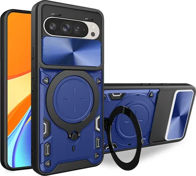 Produktbild von Handyhülle für Google Pixel 9 /Pixel 9 Pro Dual-Layer Stoßfest Rüstung Hülle mit Dia Kameraschutz und Kreisförmig Ring Ständer Blau