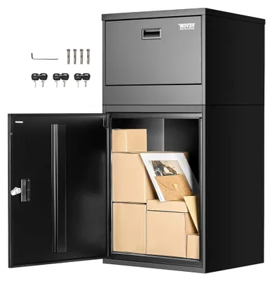 Produktbild von Paketbriefkasten 500x398x980mm, Paketkasten mit Schloss, Paketbriefbox aus verzinktem Stahl mit Diebstahlschutz, Packstation für Zuhause und Büro, Schwarz