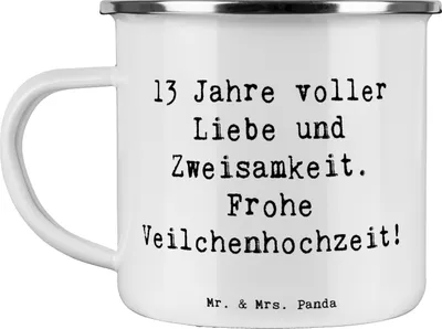 Produktbild von Mr. & Mrs. Panda Pott Spruch 13. Hochzeitstag Veilchenhochzeit - Weiß - Geschenk, Kaffeepott, becher emaille, Heirat, feiern, Heiraten, Haferl, Zweisamkeit, Tasse