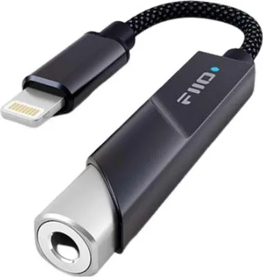 A black and silver FiiO KA11 LT Hi-Fi headphone amplifier with a Lightning connector.