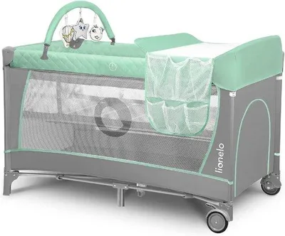 Obrázek produktu pro LIONELO Přenosná cestovní postýlka 2 v 1: Skládací cestovní postýlka a dětská postýlka s matrací, 2 nastavitelné výšky, přebalovací pult s organizérem, hrazdička, boční vstup, kolečka, přepravní taška + bambusová zavinovačka, tyrkysová barva