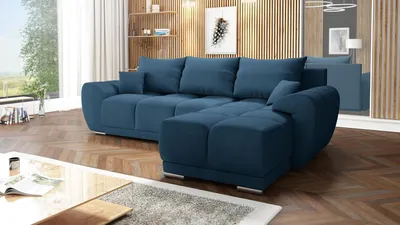 Produktbild von Velvet Ecksofa in L-Form – Blau Sofa – Couch mit Stauraum und Kissen - Ausziehbares Schlafsofa – Sofa mit Schlaffunktion - Schlafsofa mit Bettkasten – Gästebett – 289 x 189 cm