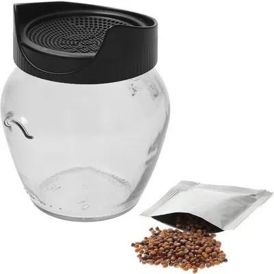 A glass sprouting jar with a black lid and a packet of radish seeds next to it.