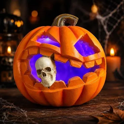 Productafbeelding van Halloween pompoenlamp 10,5 cm - led - doodshoofd - griezelige decoratie voor sfeer