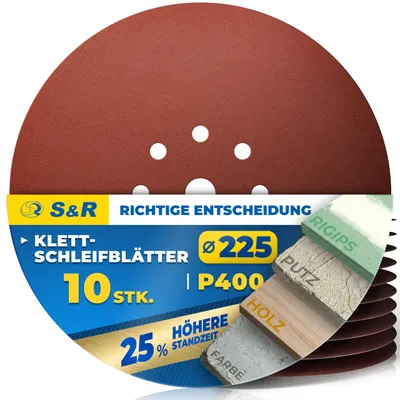 Obrázek produktu pro Brusný papír S&R, 225 mm, brusné kotouče 225 mm, brusné mřížky 225 mm s suchým zipem, brusný papír pro sádrokarton, brusný papír 225, brusná deska 225 mm, brusný papír "Giraffe", suchý zip, P400, 10 kusů