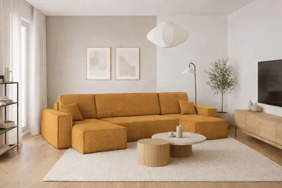A modern living room with a large sectional sofa.