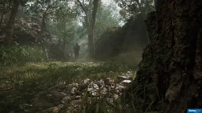 A soldier walks through a misty forest path.