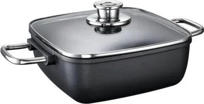 A square pot with a glass lid and metal handles, shown from a slightly elevated angle against a white background.